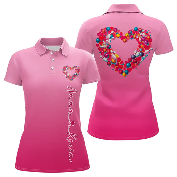 Maxcorners Pink Bowling Heart Custom Valentines Bowling Polo Shirts For Men, Bowling Couple Shirt