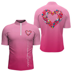 Maxcorners Pink Bowling Heart Custom Valentines Bowling Polo Shirts For Men, Bowling Couple Shirt