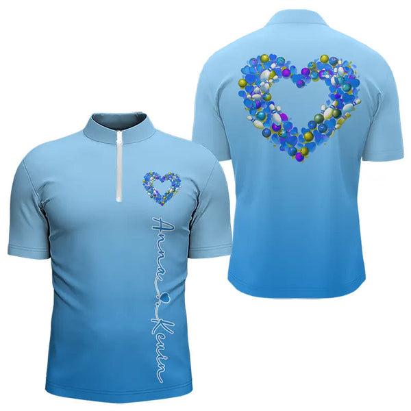 Maxcorners Blue Bowling Heart Custom Valentines Bowling Polo Shirts For Men, Bowling Couple Shirt