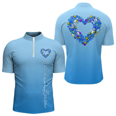Maxcorners Blue Bowling Heart Custom Valentines Bowling Polo Shirts For Men, Bowling Couple Shirt