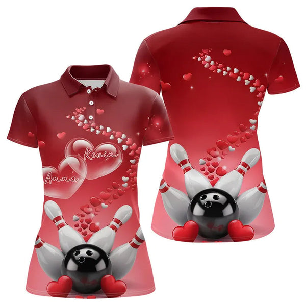 Maxcorners Red Heart Theme Custom Valentines Bowling Polo Shirts For Men, Couple Bowling Shirt