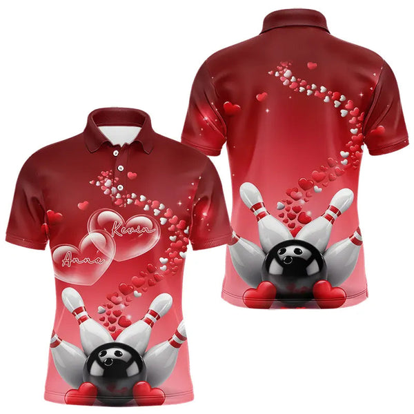 Maxcorners Red Heart Theme Custom Valentines Bowling Polo Shirts For Men, Couple Bowling Shirt