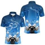 Maxcorners Blue Heart Theme Custom Valentines Bowling Polo Shirts For Men, Couple Bowling Shirt