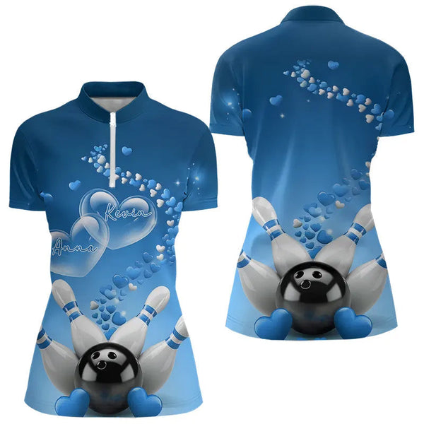 Maxcorners Blue Heart Theme Custom Valentines Bowling Polo Shirts For Men, Couple Bowling Shirt