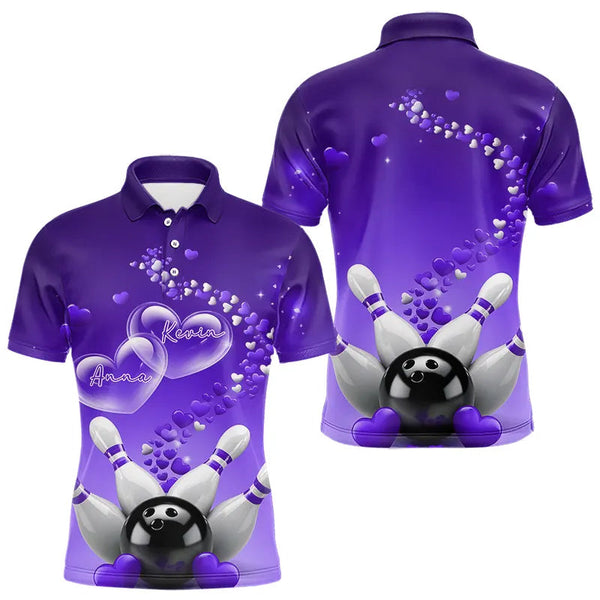 Maxcorners Purple Heart Theme Custom Valentines Bowling Polo Shirts For Men, Couple Bowling Shirt