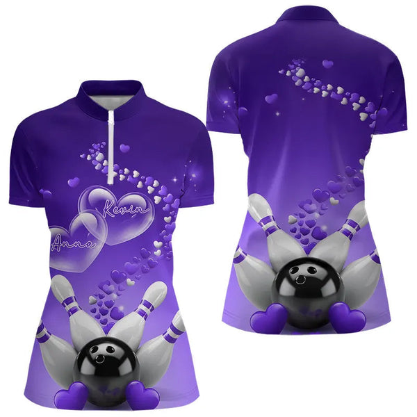 Maxcorners Purple Heart Theme Custom Valentines Bowling Polo Shirts For Men, Couple Bowling Shirt