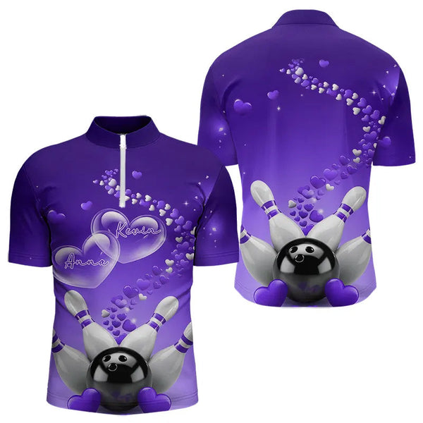 Maxcorners Purple Heart Theme Custom Valentines Bowling Polo Shirts For Men, Couple Bowling Shirt