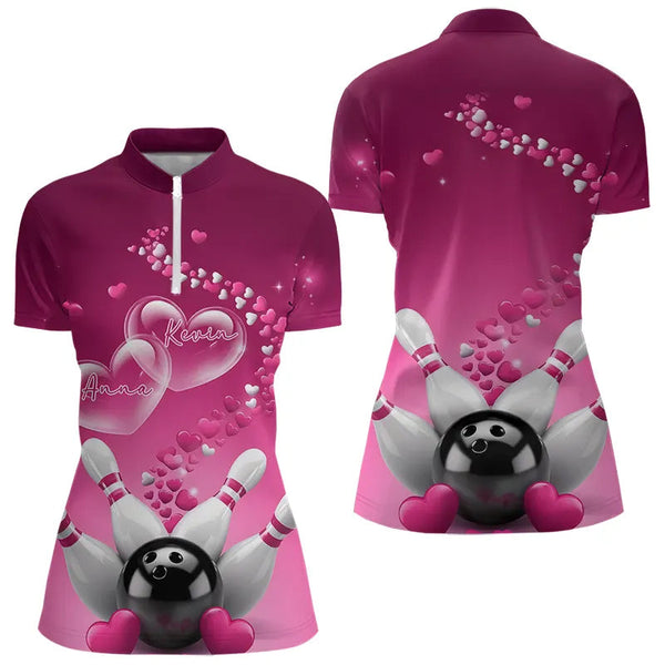 Maxcorners Pink Heart Theme Custom Valentines Bowling Polo Shirts For Men, Couple Bowling Shirt