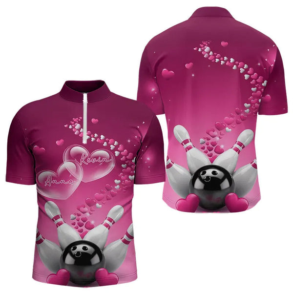 Maxcorners Pink Heart Theme Custom Valentines Bowling Polo Shirts For Men, Couple Bowling Shirt