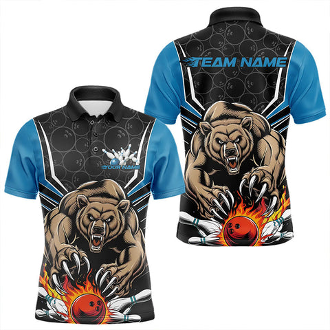 Maxcorners Black And Blue Custom Bear Bowling Jerseys, Bear Bowling Team Polo Shirts For Men