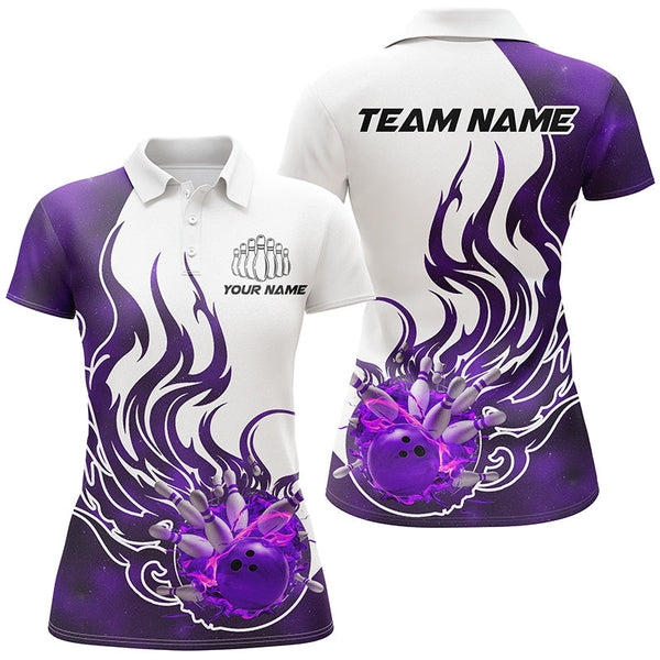 Maxcorners Bowling Ball And Pins Purple Flame Customized Name, Team Name 3D Polo Shirt