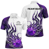 Maxcorners Bowling Ball And Pins Purple Flame Customized Name, Team Name 3D Polo Shirt