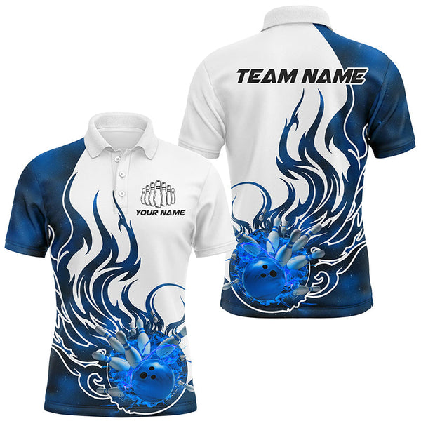 Maxcorners Bowling Ball And Pins Blue Flame Customized Name, Team Name 3D Polo Shirt