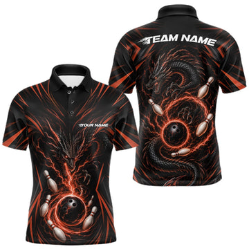 Maxcorners Custom Black And Orange Lightning Dragon Bowling Men Polo Shirt, Bowling League Shirt LM1508