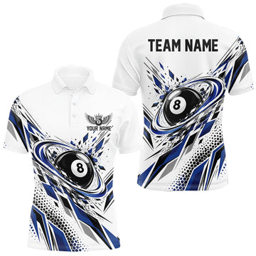 Maxcorners Custom White And Blue Geometric 8 Ball Billiard Men Polo Shirt, Billiard Jersey