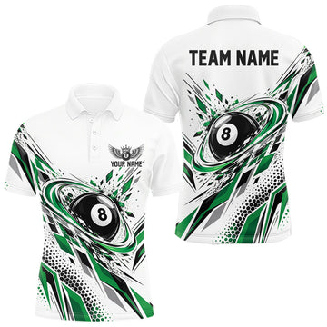 Maxcorners Custom White And Green Geometric 8 Ball Billiard Men Polo Shirt, Billiard Jersey