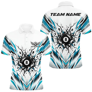 Maxcorners Custom Turquoise 8 Ball Billiard Impact Men Polo Shirt, Billiard League Team Jersey