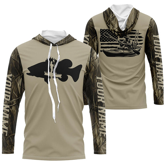 Maxcorners Personalized American Flag Kayak Bass Fishing Long Sleeve Shirts, Lake Camo Kayak Fishing Shirt LM0201