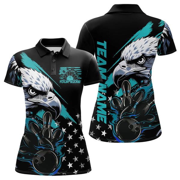 Maxcorners Black And Blue American Flag Eagle Custom Patriotic Flame Bowling Team Men Polo Shirts LM0803