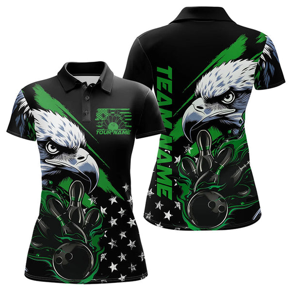 Maxcorners Black And Green American Flag Eagle Custom Patriotic Flame Bowling Team Men Polo Shirts LM0803