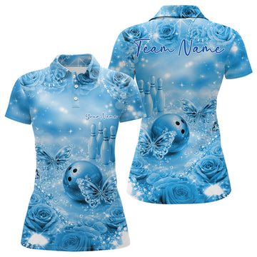 Custom Elegant Blue Roses And Butterfly Women Bowling Polo Shirts, Ladies Outfit 3 LM1203