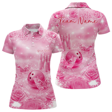Custom Elegant Pink Roses And Butterfly Women Bowling Polo Shirts, Ladies Outfit LM1203