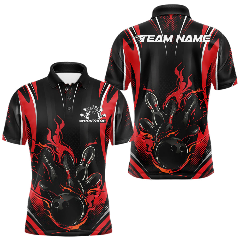 Maxcorners Black And Red Flame Custom Bowling Men Polo Shirt, Bowling Tournament Team Jersey