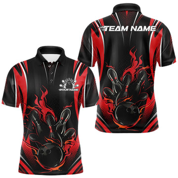 Maxcorners Black And Red Flame Custom Bowling Men Polo Shirt, Bowling Tournament Team Jersey