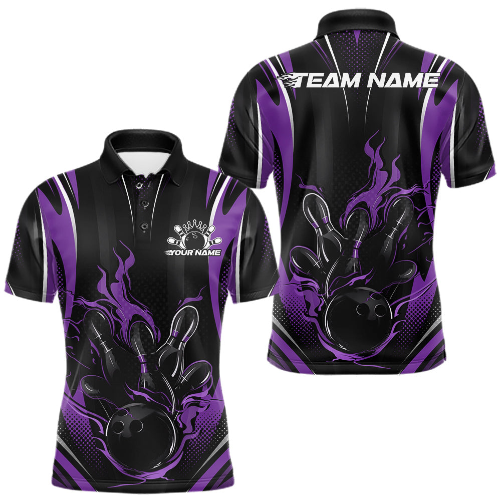 Maxcorners Black And Purple Flame Custom Bowling Men Polo Shirt, Bowling Tournament Team Jersey