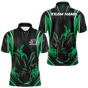 Maxcorners Black And Green Flame Custom Bowling Men Polo Shirt, Bowling Tournament Team Jersey