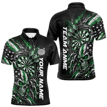 Maxcorners Custom Green American Flag Skull Patriotic Dart Men Polo Shirt, Dart Team Jersey