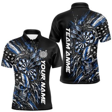 Maxcorners Custom Blue American Flag Skull Patriotic Dart Men Polo Shirt, Dart Team Jersey
