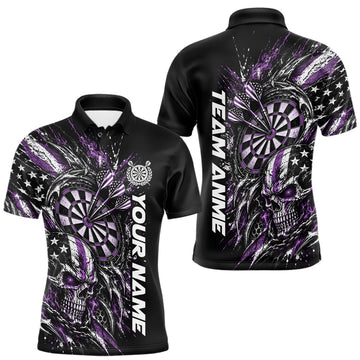 Maxcorners Custom Purple American Flag Skull Patriotic Dart Men Polo Shirt, Dart Team Jersey