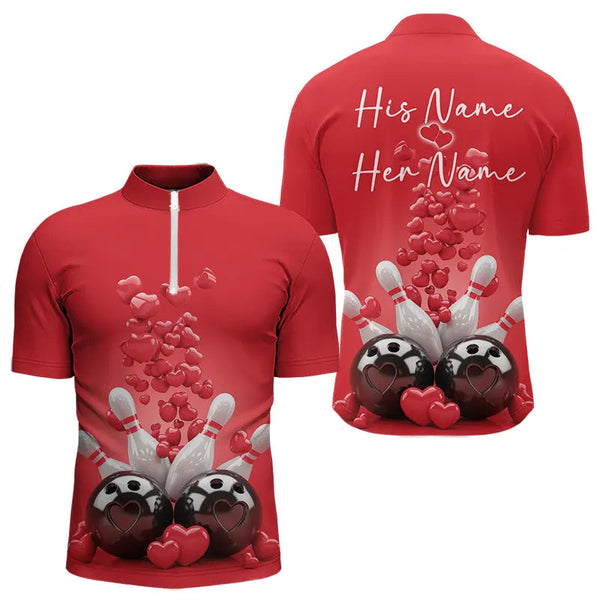 Maxcorners Custom Valentine Day Bowling Red Polo Shirts For Men, Romance Bowling Couple Outfits