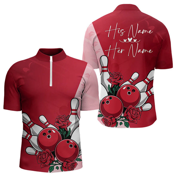 Maxcorners Bowling And Red Roses Custom Valentine Bowling Polo Shirts For Men Bowling Couple Outfits