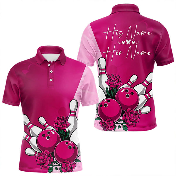 Maxcorners Bowling And Pink Roses Custom Valentine Bowling Polo Shirts For Men Bowling Couple Outfits