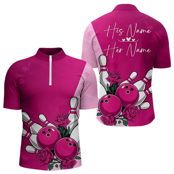 Maxcorners Bowling And Pink Roses Custom Valentine Bowling Polo Shirts For Men Bowling Couple Outfits