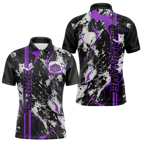 Maxcorners Custom Gray And Purple Strike Bowling Polo Shirts For Men, Bowling League Team Uniform LM0803