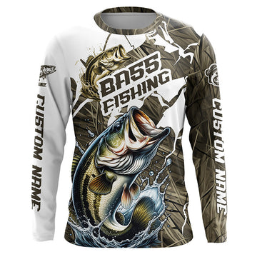Maxcorners Custom Bass Fishing Jerseys, Largemouth Bass Long Sleeve Fishing League Shirts | Grass Camo LM0201