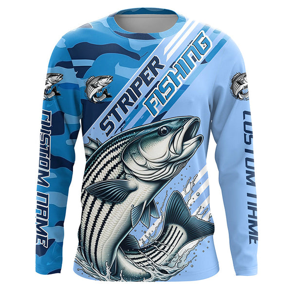 Maxcorners Custom Striped Bass Fishing Long Sleeve Shirts, Striper Saltwater Fishing Jerseys | Blue Camo LM2408