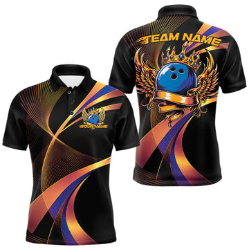 Maxcorners Blue And Gold Bowling Ball With Wings And Crown Custom Men Polo Shirts Bowling Jerseys LM1005