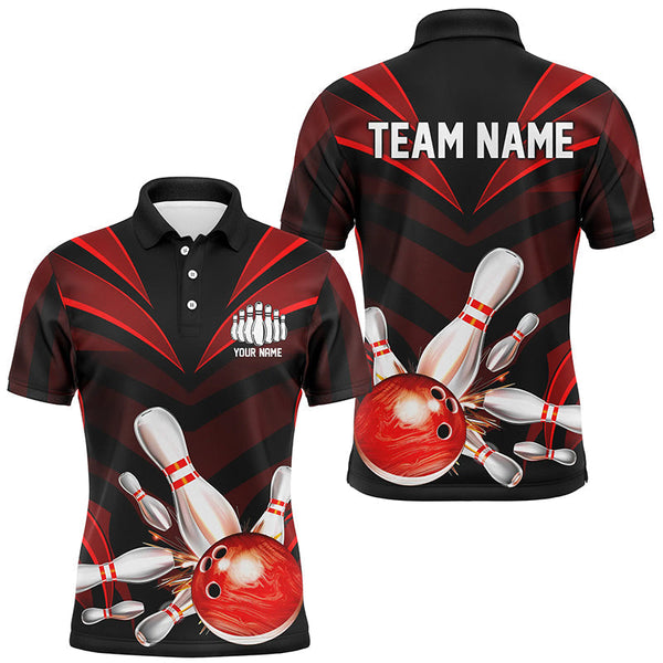 Maxcorners Bowling Ball And Pins Red Jersey Strike Customized Name, Team Anme 3D Polo Shirt