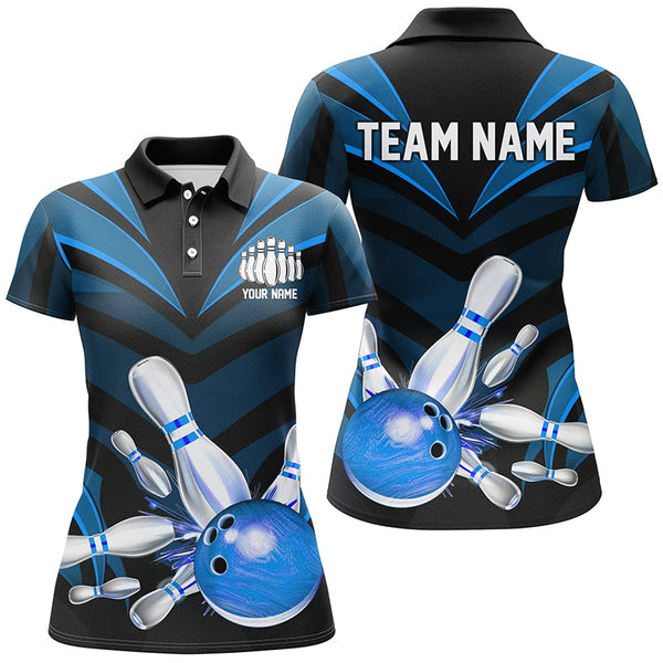 Maxcorners Bowling Ball And Pins Blue Jersey Strike Customized Name, Team Anme 3D Polo Shirt