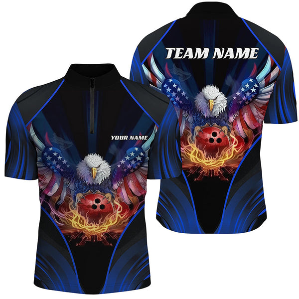 Maxcorners Bowling Ball And Pins Eagle Blue Pattern Customized Name, Team Anme 3D Polo Shirt