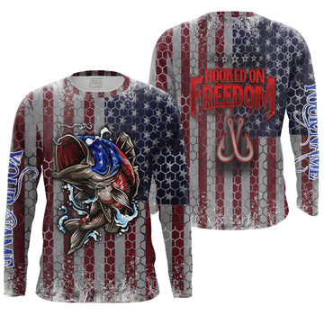 Maxcorners Personalized Bass Fishing American Flag Men Long sleeve performance Fishing Shirts, Patriotic Hooked on Freedom - LM0501