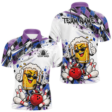 Maxcorners Blue And Purple Splatter Argyle Pattern Funny Beer Custom Bowling Men Polo Shirt