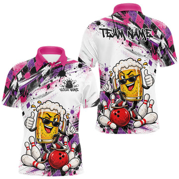 Maxcorners Pink And Purple Splatter Argyle Pattern Funny Beer Custom Bowling Men Polo Shirt LM0410