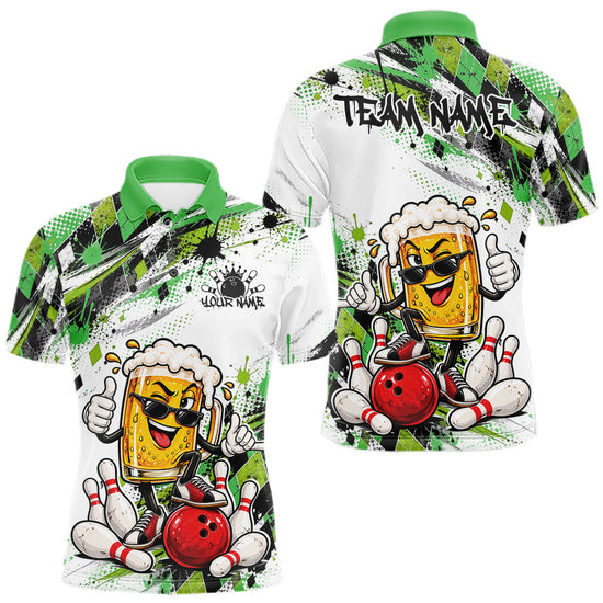 Maxcorners Green Splatter Argyle Pattern Funny Beer Custom Bowling Men Polo Shirt