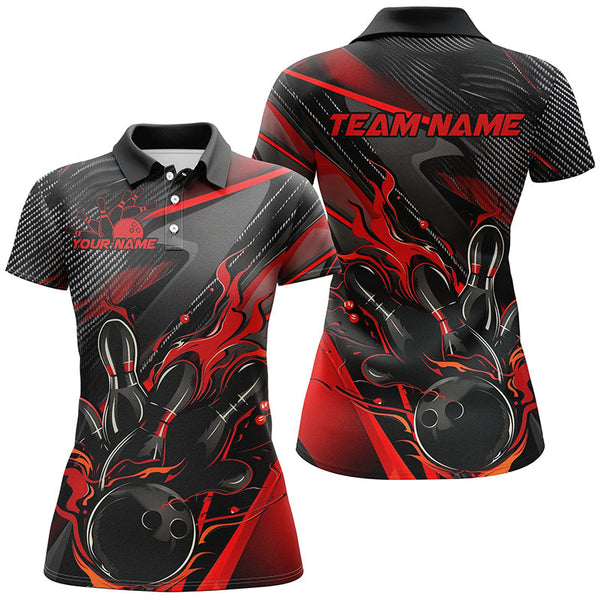 Maxcorners Black And Red Custom Flame Bowling Shirts For Men, Fire Bowling Team Shirt Bowler Jersey