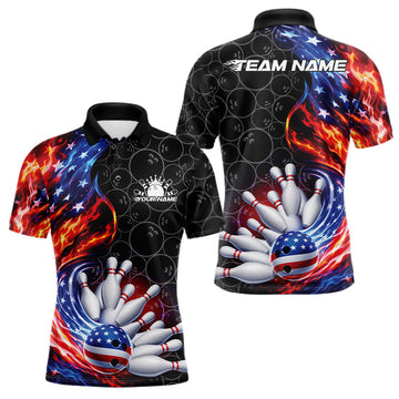Maxcorners Custom Flaming US Flag Patriotic Bowling Team Multi Styles Shirt, Freedom Bowling League Shirt Bowlingg Jersey LM1501